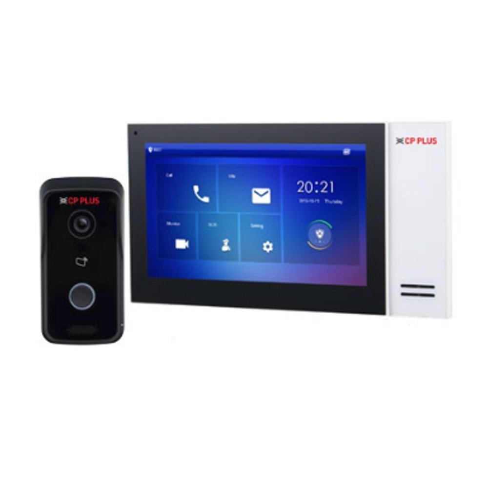 CP Plus Villa Analog KIT (CP-UVK-701MTA) featuring a slim 7-inch indoor color monitor with touch buttons and a durable outdoor doorbell camera unit with an infrared lens for night vision.