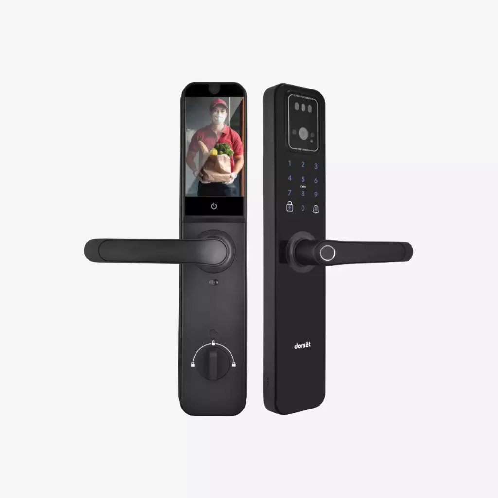 A sleek, black smart digital door lock with a backlit touchscreen keypad mounted on a modern wooden door. The lock lacks a traditional keyway, indicating keyless entry via a code or fingerprint.