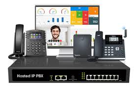 Modern, compact IP PBX appliance with Ethernet ports and a sleek digital display, used for VoIP communication.